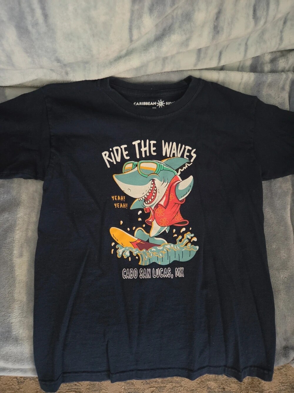 Caribbean Side Boys Size 8 T-Shirt Navy Surfing Shark Graphic